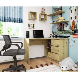Akord Eckschreibtisch, B16 Rechts In Der Farbe Eiche Artisan, Holzwerkstoff, Nachbildung, Holz Optik, 2 Fächer, 3 Schubladen L-Form,Formgebogen,Formgebogen, 124x77x85 cm, Arbeitszimmer, Schreibtische, Eckschreibtische