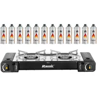 Mianova Campingkocher Doppel Gaskocher 2 flammiger Shisha Anzünder Grill Notfallkocher Kühltasche Gaskartuschen Gas Kocher Set Schwarz 12 Gasflaschen
