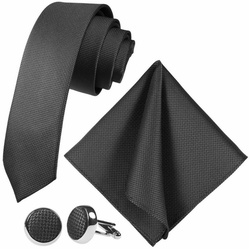 GASSANI Krawatte Hochzeitskrawatte Festlich, Herren-Krawatte Hochzeit Schlips zum Sakko (Set, 3-St., Krawattenset, mit Einstecktuch, Manschettenknöpfe, Slim Fit, Skinny Tie, Dünn, Extra Länge) Schmal (6cm), Grid, Klein-Kariert, Pique, Fein Karo, Matt, Seide-Touch schwarz