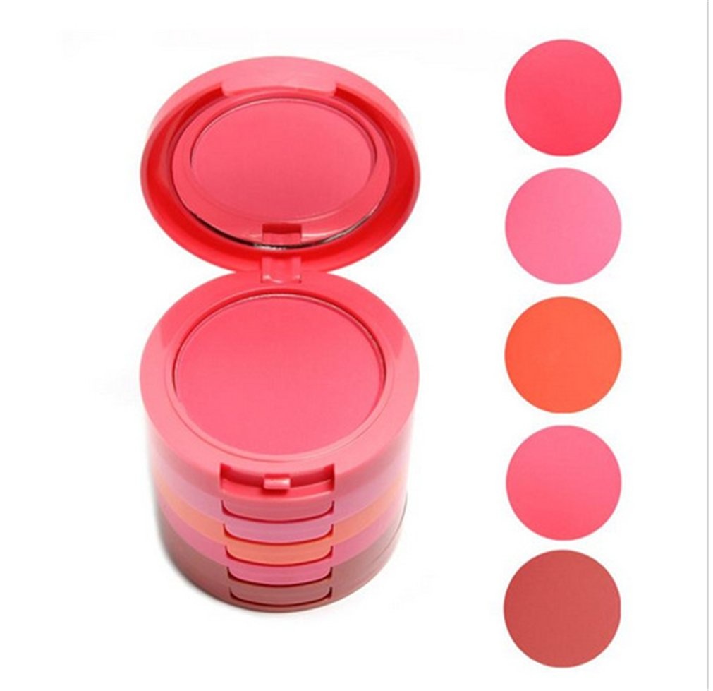 Holzsammlung 5in1 Mehrschichtige Powder Blush Palette Kompakt mit Mirror Pink Peachy Coral Orange