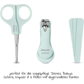 Philips AVENT Babypflege-Set – Starter-Set mit 9 Zubehörteilen: Nagelknipser, Schere, 3 Nagelfeilen, Kamm, Haarbürste, Nasensauger und Fingerzahnbürste (Modell SCH401/00)