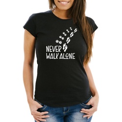 MoonWorks Print-Shirt »Damen T-Shirt Never walk alone Hund Pfoten Hundepfoten Pfotenabdrücke Hundebesitzer Slim Fit Moonworks®« mit Print schwarz XXL