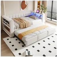 STILVORA Schlafsofa 90/180×190 Schlafsofa mit Matratze LED-Beleuchtung Stauraum Beige, Funktionbett mit Steckdosen und zwei Staufächer multifunktional, als zwei kleinere Betten für Schlaf- oder Wohnzimmer beige