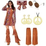 YADODO Hippie Kostüm Damen Kleid Set 70er Jahre Bekleidung Damen 70er Jahre Kostüm Damen FaschingsKostüm kleid Damen Mädchen 60er 70er Disco Halloween Outfits Hippie kleidung Damen (XXL)