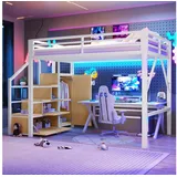 STILVORA Hochbett 140×200 mit Matratze und Kleiderschrank Jugendbett Metallbett mit LED (Metallrahmen mit Stauraumtreppe, LED-Licht und Aufbewahrung, Bluetooth-LED, Schutzgitter, Kleiderstange und Staufächer) Für Schlafzimmer, Jugendzimmer und kleine Wohnräume geeignet