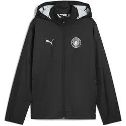 Trainingsjacke PUMA "Manchester City Allwetter-Trainingsjacke Jugendliche", Kinder, Gr. 116, schwarz (schwarz silber metallic), Obermaterial: 100% Nylon; Taschenfutter: 100% Nylon, Langarm, Jacken