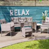 Swing&Harmonie Swing + Harmonie Sydney Polyrattan Sitzgruppe Esstisch Lounge Sitzgarnitur Essgruppe Gartenmöbel Set 1x Tisch Stühle + 1x Sitzbank + 2x Hocker - grau - Grau