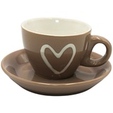 Dekohelden24 Espressotasse mit Untertasse in Cappuccinofarben mit weißem Herz, aus Keramik, Größe: H/Ø ca. 5 x 6,5 cm, Spülmaschinengeeignet