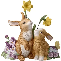 Osterhase GOEBEL "Frühlingserwachen", bunt, B:12cm H:26,5cm T:24cm, Biskuitporzellan, Dekofiguren, Sammelfigur, Hasenpaar mit Blumen
