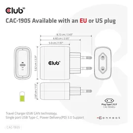 Club 3D Reise Ladegerät PPS 65W GAN, USB Typ-C Power Delivery (PD) 3.0