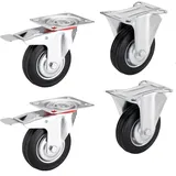 4er SET SOTECH Transportrollen Ø 200 mm (2x Bockrollen, 2x Lenkrollen mit Bremse) Höhe 232 mm, Anschraubplatte 130 x 102 mm Traglast bis 440 Kg Transportlenkrolle