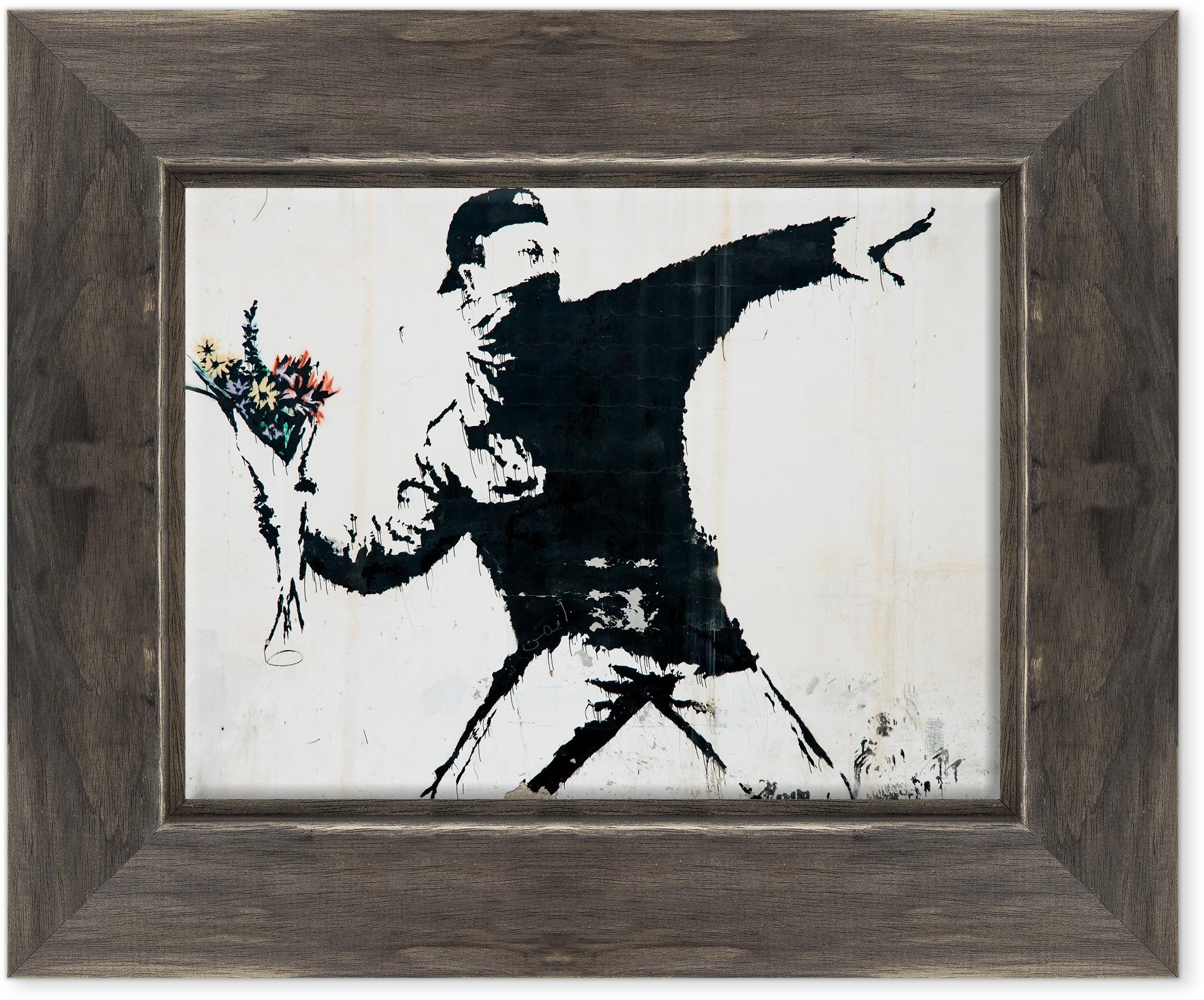 Bild auf Leinwand, gerahmt, mit Rahmen, Banksy – Arte Street Art – Blumenleser, 30 x 40 cm, Country-Stil, Schwarz Shabby – (Art.-Nr. 1644)