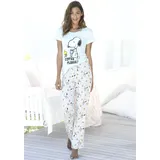 Peanuts Pyjama PEANUTS, Damen, Gr. 48/50, grau (mint, grau, meliert), Single Jersey, Obermaterial: 100% Baumwolle, bedruckt, gemustert, Basic, Basic lang, Rundhals, Kurzarm eingesetzt, Homewear-Sets, mit Snoopy und Woodstock Druck