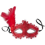 dressforfun 900888 Venezianische Maske mit seitlicher Feder für Damen, Augenmaske mit Stoffmuster, Zierborte und Strass für Ball Fasching Karneval Halloween - diverse Farben - (rot | Nr. 303550) - Einheitsgröße