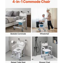 Vevor Nachttoilettenstuhl 159 kg belastbar, rollbare Toilettensitzerhöhung mit gepolsterter Sitzfläche/Rückenlehne/hochklappbarer Fußstütze, a...