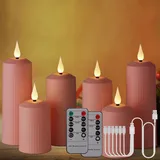 BOWKA Wasserdichte LED-Kerze Außenbereich Kerzenlichter wiederaufladbar mit Fernbedienung und Timer Flackerndes warmweißes Stumpenkerze mit USB-Kabel Home Deco (6er/rosa)