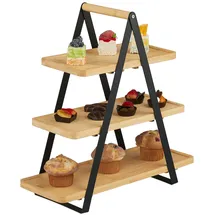 Relaxdays Etagere, Bambus, Metall, länglich, Griff, Kuchen, HBT 42x41x16,5 cm, Servierständer, Natur/schwarz
