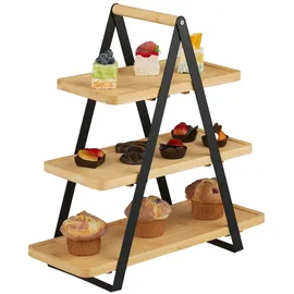 Relaxdays Etagere, Bambus, Metall, länglich, Griff, Kuchen, HBT 42x41x16,5 cm, Servierständer, Natur/schwarz