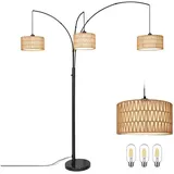 Lapamax LED Stehlampe Rattan Stehleuchte LED Gewölbte Verstellbare Bogenlampe mit 3Glühbirne, Standleuchte mit Doppelter Lampenschirm Leselampe Knopf Schalter 180cm