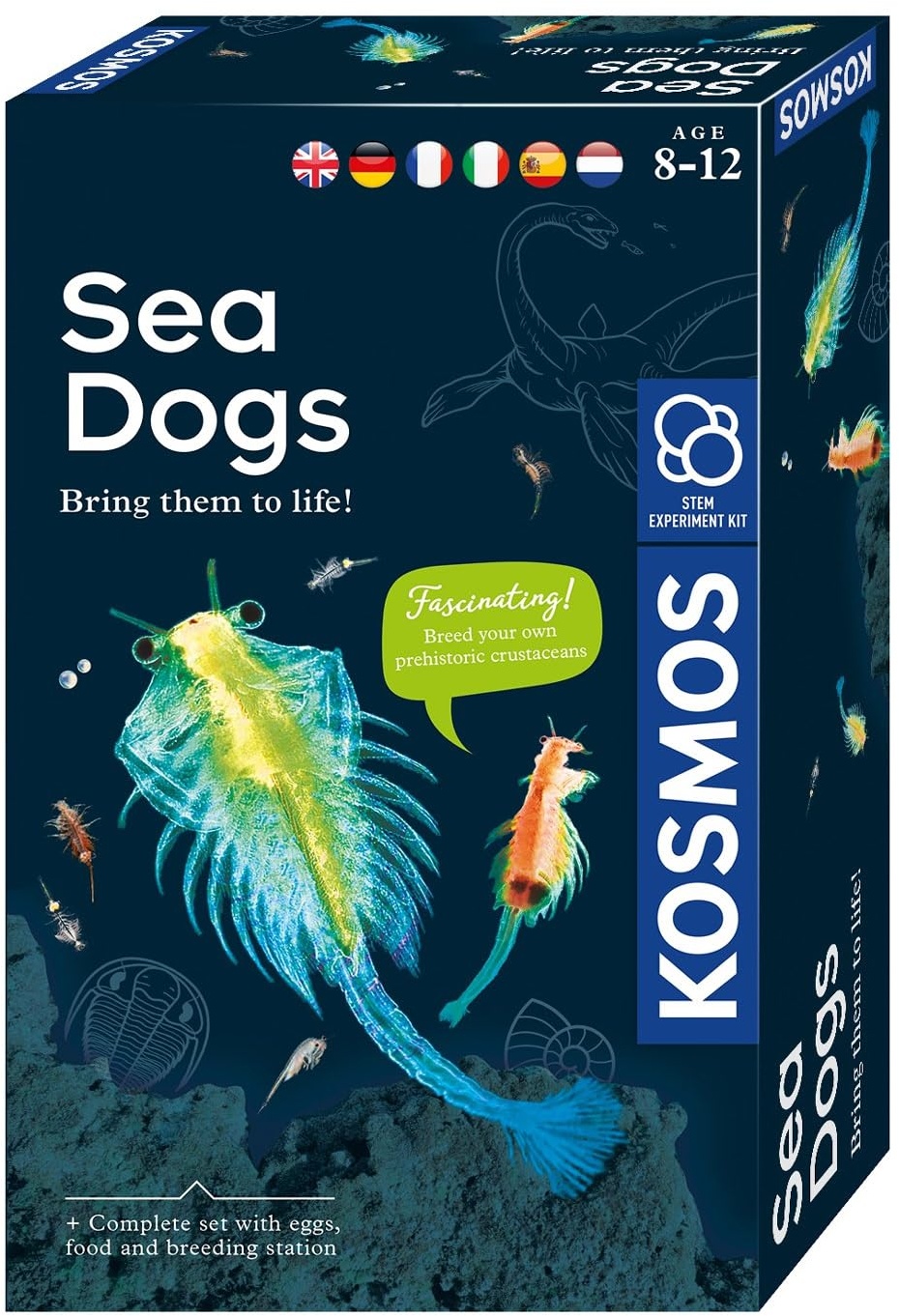 KOSMOS 616779 Sea Dogs - Urzeitkrebse selbst züchten, Experimentier Set für Kinder ab 8 Jahre, Komplett-Set für Einsteiger, mit mehrsprachiger Anleitung (DE, EN, FR, IT, ES, NL), 21 x 13 x 5.5 cm