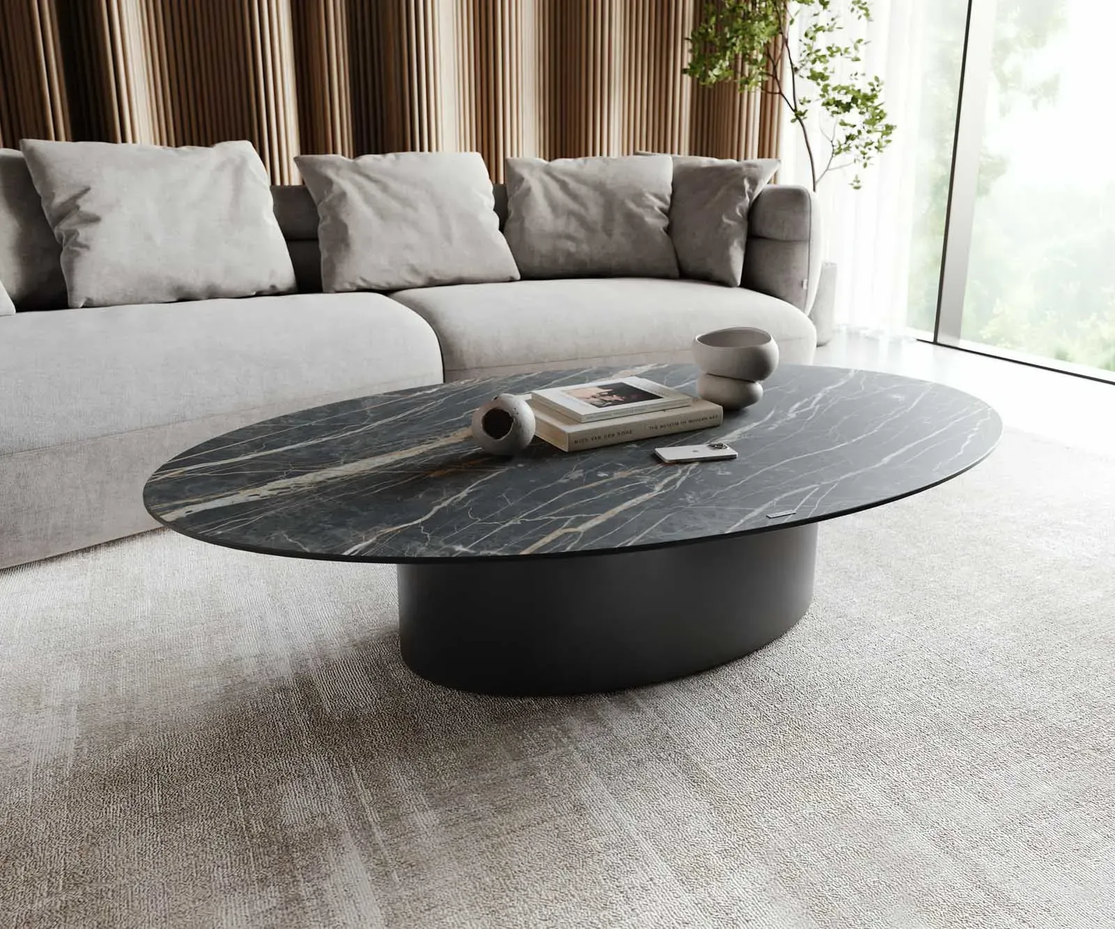 DELIFE Table-basse Casilda 150x90 cm Céramique Laminam®Noir Desir Marron Pied central Finition à effet titane, Tables basses