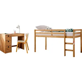 OTTO home Jugendzimmer-Set OTTO HOME "Alpi", beige (gebeizt, gewachst), Schlafzimmermöbel-Sets, Hochbett und Schreibtisch mit Stauraum, perfekt für kleine Räume