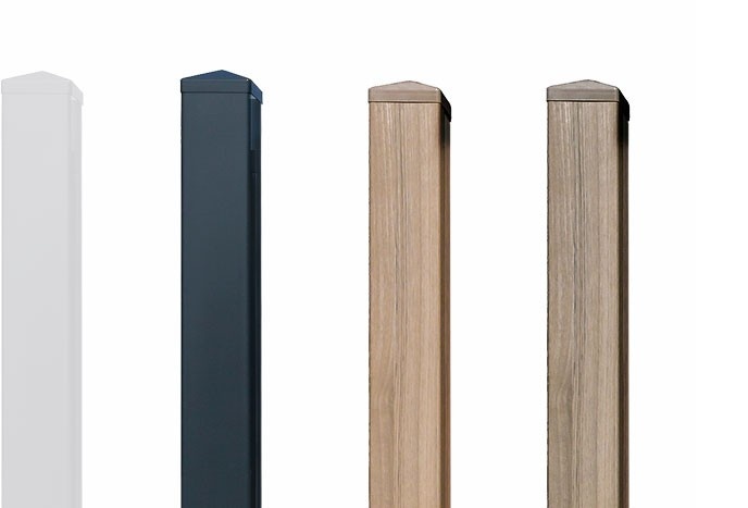 Hochwertiger Kunststoff Zaunpfahl 10 x 10 cm mit Holzinlay passend zu gleich hochwertigen Zaunserien in 4 verschiedenen Farben und 4 verschiedenen Längen