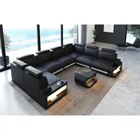 Sofa Dreams Wohnlandschaft Leder Couch Sofa Siena U Form Ledersofa, U-Form Ledersofa Wohnlandschaft mit LED-Beleuchtung und USB schwarz