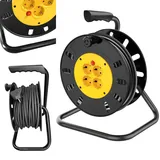 4-Fach Kabeltrommel 50m, Verlängerungskabel für Strom, Flexibler Kabelaufroller mit Gestell, Stromtrommel mit Reset-Taste, Sicherer Einsatz in Keller und Werkstatt, Robustes PVC