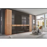 Drehtürenschrank WIEMANN "Cardiff, Massivholztüren in Kombination mit Glas- oder Spiegeltüren", braun (glas mocca), B:344,2cm H:236cm T:58cm, Floatglas, Holzwerkstoff, Hartfaserplatte, Massivholz, Schränke, hochwertiges Design in langlebiger Qualität, viel Stauraum