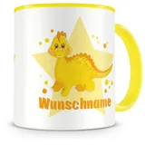 Samunshi® Kindertasse mit Namen Tasse gelber Dino Personalisierte Tasse mit Namen Kinder Kinderbecher mit Namen Kindergarten gelb 300ml