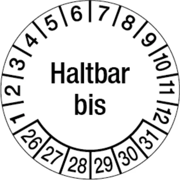 Prüfplakette ab 26, Haltbar bis, Ø 30 mm, Dokumentenfolie - Bogen = 10 Stück - 30 mm Dokumentenfolie selbstklebend