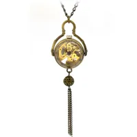 Unendlich U Fashion Retro Handaufzug Mechanische Taschenuhr mit Kugel Anhänger Hohle Skelett Kettenuhr Pullover Halskette Bronze