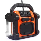 Bingxue Baustellenradio-Bluetooth-Lautsprecher, 30 W, IPX 66, wasserdicht, FM-Radio mit LED-Lichtern, Antikollisions-FM-Radios für Baustelle, Outdoor, Angeln, Party, Camping (Orange)