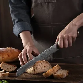 Wakoli EDIB Damast Brotmesser lang I 23 cm Klinge Wellenschliff I Pakkaholzgriff