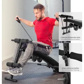 Tectake tectake® Sit-up Bank, 6-fach verstellbar, klappbar, rutschfeste Fußenden, inklusive 2 Hanteln und elastische Seile