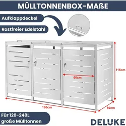 DELUKE® 3er Mülltonnenbox APOC Edelstahl - für 120-240L Tonnen| 3er Mülltonnenverkleidung für 3 Tonnen 240L Müllbox aus Metall Mülltonnenhaus | Silber