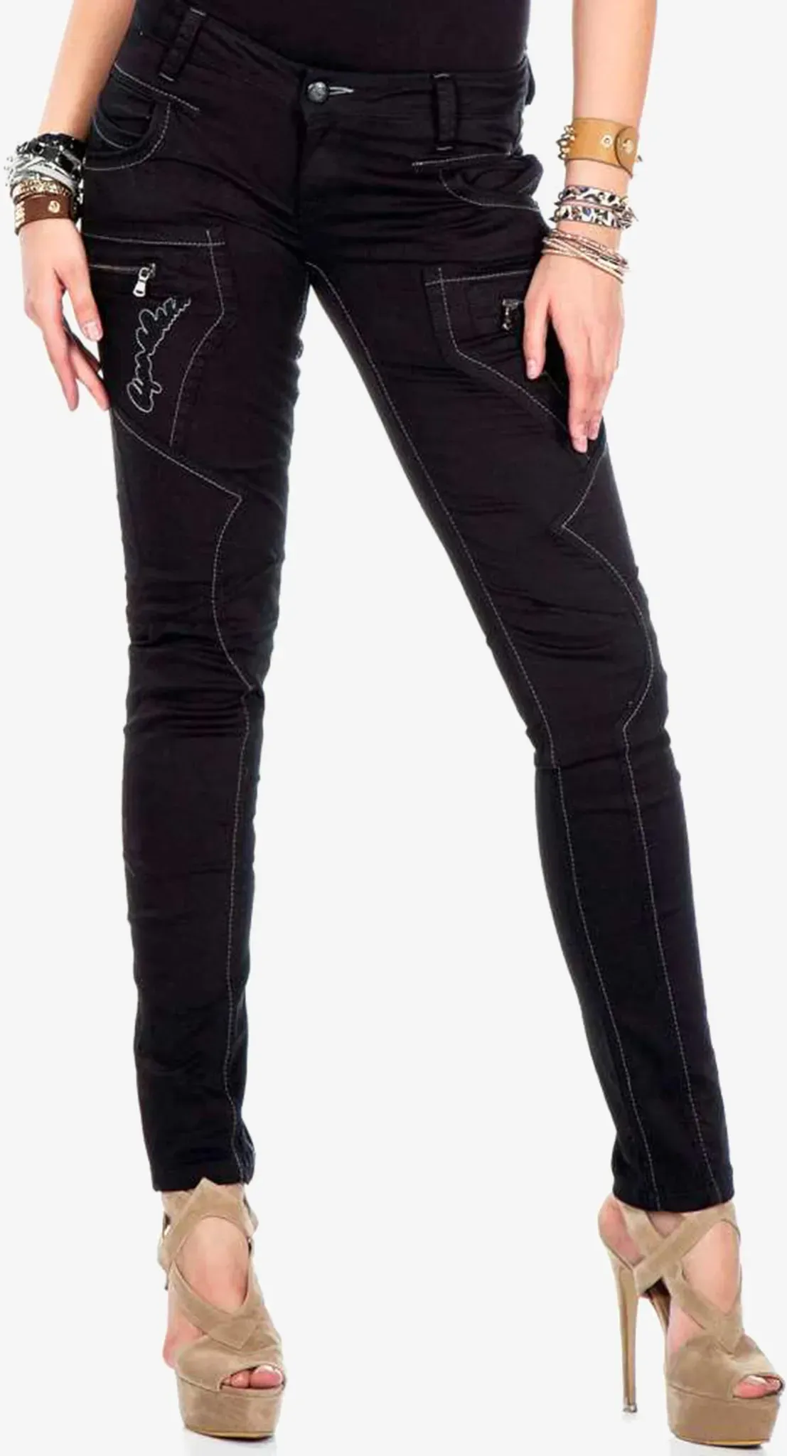 Slim-fit-Jeans CIPO & BAXX Gr. 26, Länge 34, schwarz Damen Jeans Röhrenjeans mit ausgefallenen Ziernähten