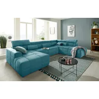 Wohnlandschaft DOMO COLLECTION "Brandon viele Bezugsarten, auch in Cord und Leder, incl. Nierenkissen", blau (türkis), B:359cm H:80cm T:228cm, Kunstleder SOFTLUX, Luxus-Microfaser in Antikleder-Optik (100% Polyester), Luxus-Microfaser (100% Polyester), Sofas, mit Kopfteilverstellung, wahlweise Sitztiefenverstellung, U-Form, Topseller