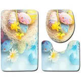 Hetangyuese Ostern Deko Badematten Set 3 Teilige Badteppich + WC-Deckelbezug + U-förmig WC-Vorleger rutschfeste Badteppiche Set Mit Hase Eier Motiv