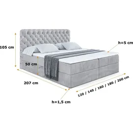 altdecor Boxspringbett mit H3 Matratze und Topper - 180 x 200 cm - BOXI8 - Hellgrau Samt - Polsterbett mit Bettkasten und Lattenrost, Bett mit Stau... - Hellgrau