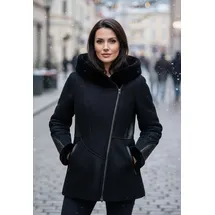 Hollert Damen Lammfelljacke Lena Winterjacke aus Merino Schaffell Echtleder mit Kapuze Größe: XXL Farbe: Schwarz - XXL