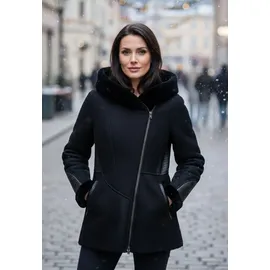 Hollert Damen Lammfelljacke Lena Winterjacke aus Merino Schaffell Echtleder mit Kapuze Größe: XXL Farbe: Schwarz - XXL