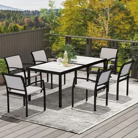 Outsunny Sitzgruppe 7 tlg. Essgruppe für 6 Personen Esstisch mit 6 Stapelbare Stühle, Esszimmergruppe Küchentisch-Set mit Stahlgestell Balkonmöbel Gartenmöbel für Terrasse, Balkon Grau