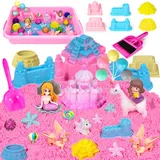 JONRRYIN Sand Sandbox Set, Zaubersand Spielsand Einhorn, Spielsand Koffer mit 900g Spielsand & 32 pcs Zubehör Strandwerkzeuge, Sensorisch Sandspielzeug für Kinder Mädchen 4+