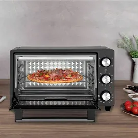 ICQN Minibackofen 20L, Pizza-Backofen, Ober-/Unterhitze mit Umluft-Funktion, 5 Grill-Funktion, 90 Min. Timer, 1500 W, Mini Oven, 80°-240°C, Backblech/Grill/Krümelblech und Blechhalter, Schwarz