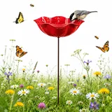Vogeltränke Blume& Bienentränke aus Metall – Winterfest, Blumenform Gartenstecker, Wasser- & Futterstation für Vögel, Bienen & Schmetterlinge, Gartendeko Gartenstecker für Terrasse & Blumenbeet (Rot)