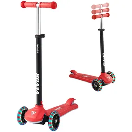 Vevor Scooter (3 Räder) ab 3 Jahren, Cityroller Kinderroller mit leuchtenden Rädern & höhenverstellbarem Lenker & rutschfestem Deck & leichtem Aluminiumrahmen, Tretroller bis zu 75 kg, Rot