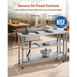 Vevor Spültisch Spülbecken Edelstahl (120 x 50 x 94 cm), Einzelbecken mit Wasserhahn & 2 Ablagefächern, Küchenspüle für Garage Restaurant, Waschtisch Außenspüle mit Arbeitsplatte (recht)