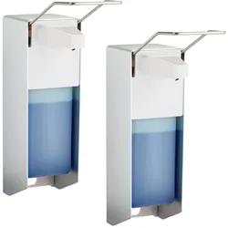 Relaxdays Desinfektionsspender, 2er Set, 1000 ml, Eurospender für Desinfektionsmittel & Seife, Wandmontage, silber/weiß